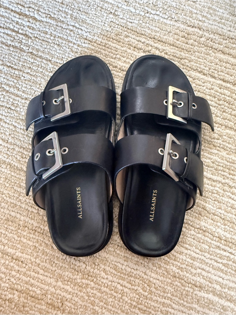 AllSaints Black Double Buckle Leather Slide Sandals